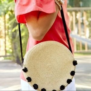 Stella & Dot circle rattan bag with pom poms